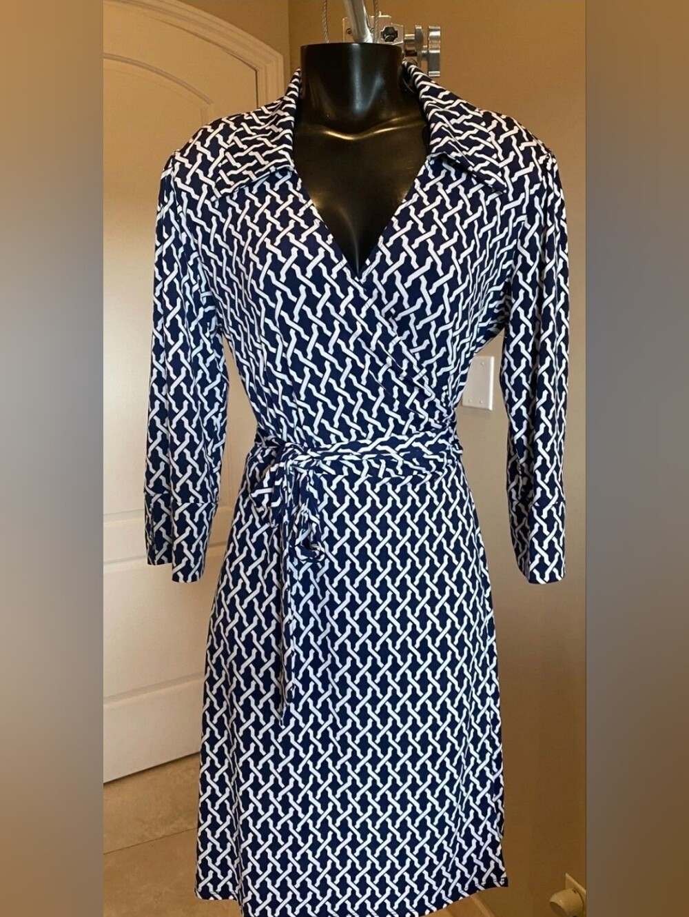 Laundry by Shelli Segal Geo Print 3/4 Sleeve Jersey Wrap Dress Sz M